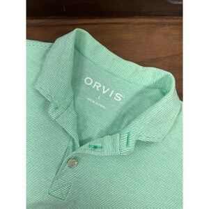 ORVIS Mint Green & White Striped Mens Large Polo Cotton Stretch Fishing Golf EUC